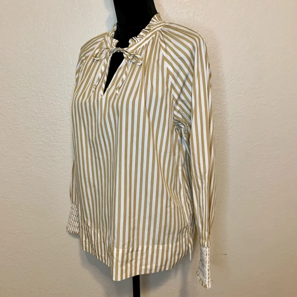 J. Crew ReImagined Popover Top Smocked Cuffs Ruffle Neck Striped Tan White Small